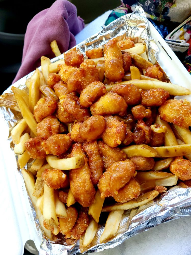 An absolutely obscene amount of poutine in a to-go container 