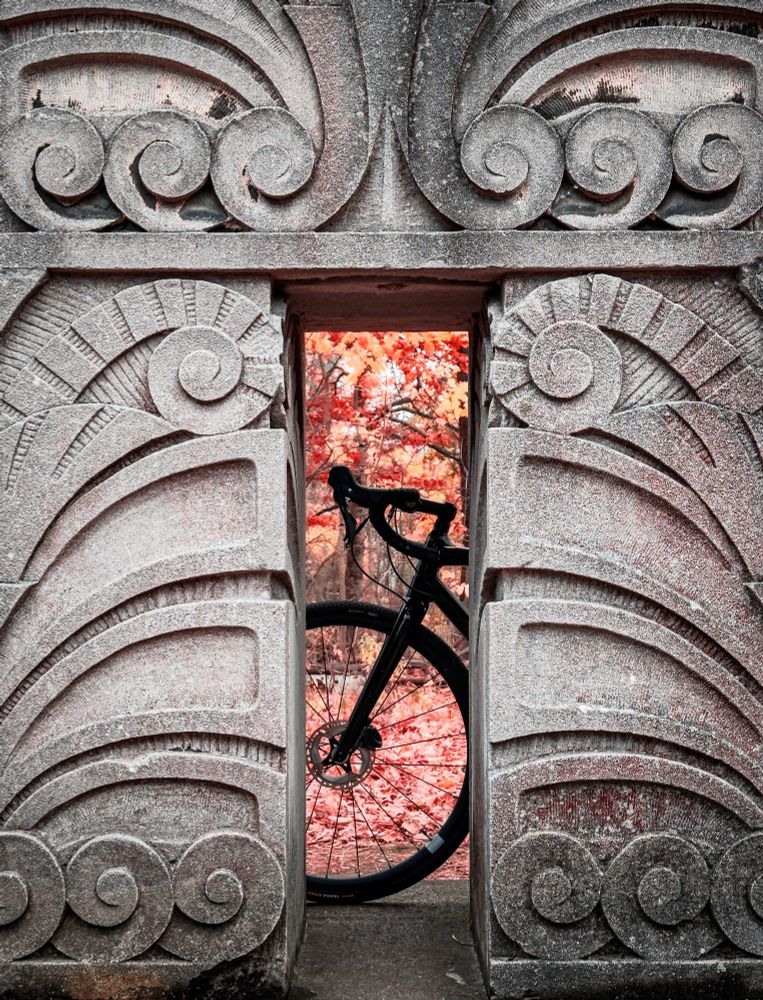 Photo of a black specialized diverge gravel bike seen through a vertical rectangular opening of a stone sculpture. The sculpture has ornate designs chiselled into the stone. Beyond the bike, we can see a beautiful autumn scene with red, yellow, and orange leaves on trees and covering the ground