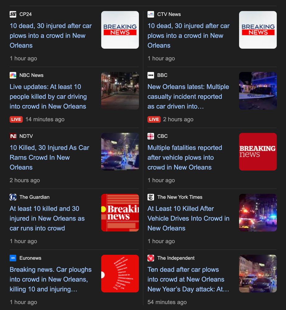 a screenshot of a google search resulting in 10 news headlines, each of which uses the passive voice to describe a driver who used a pickup truck to attack dozens of people in new orleans