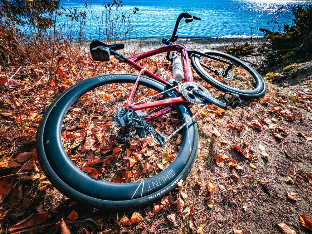 Photo of a red BMC roadmachine road bike lying on the ground at the edge of a short bluffs next to a large body of water. The ground is mostly covered in orange and red and yellow autumn leaves. The water is bright blue with a sun streak, reflecting off it. 