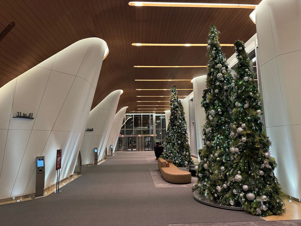 Battlestar Galactica landing bay looking somewhat like a tricked out modern office lobby in Toronto with tall green Christmas trees to the right and white launch tubes I mean elevator bays to the left, all under a brown wood slatted ceiling. 