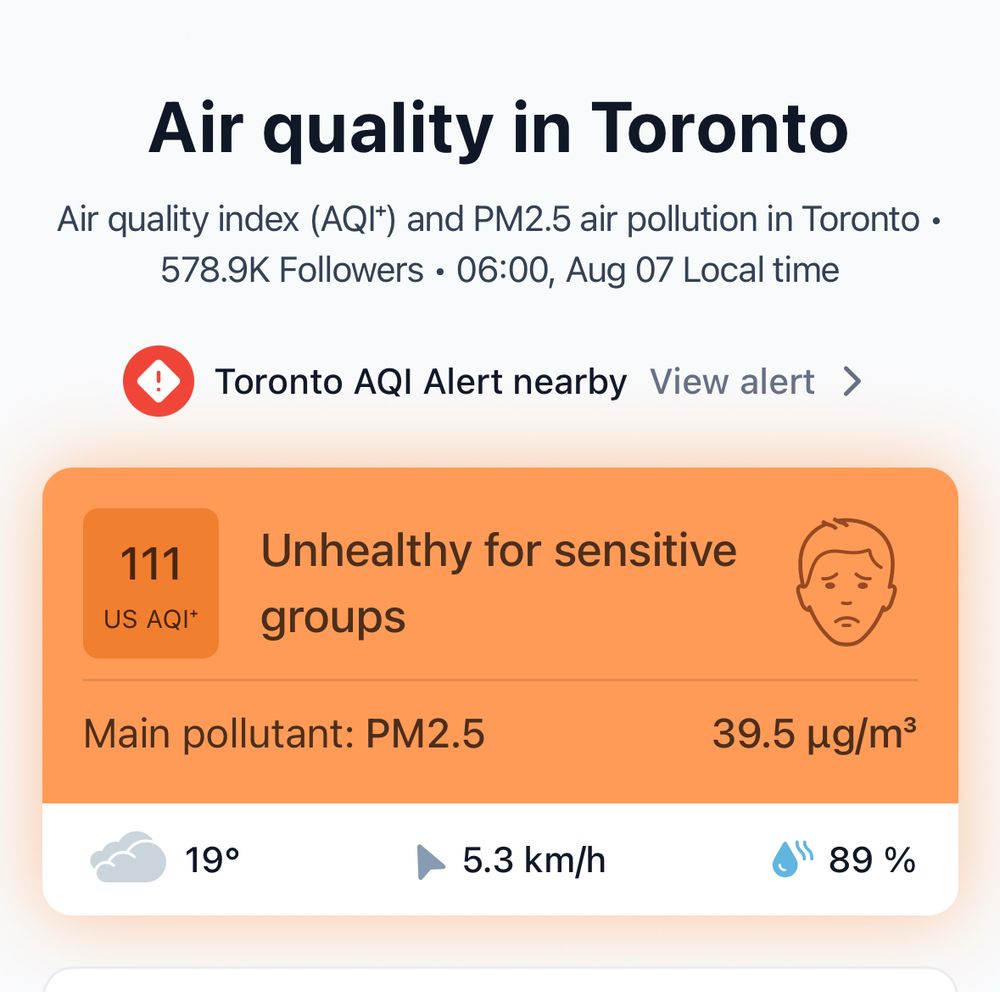 Air quality index (AQ|*) and PM2.5 air pollution in Toronto 
06:00, Aug 07 Local time

Toronto AQI Alert
111 AQI*

Unhealthy for sensitive groups
Main pollutant: PM2.5