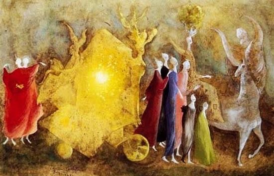 "Amor che move il Sole et l'altre Stelle" by Leonora Carrington features surreal, ethereal figures gathered around a radiant, celestial form, conjuring a mystical atmosphere. Carrington, a key figure in the surrealist movement, often infused her works with magical and mythological themes, reflecting her fascination with alchemy and esotericism.