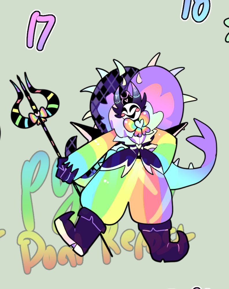 A rainbow jester with demon and devil features. Very mischievous, will he do gay crime?