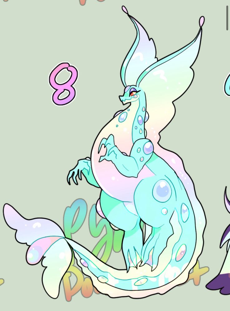An aquatic dragon with a pastel rainbow color scheme. The rainbow spots could be gemstones or extra fat apart of the body, up to the buyer. 