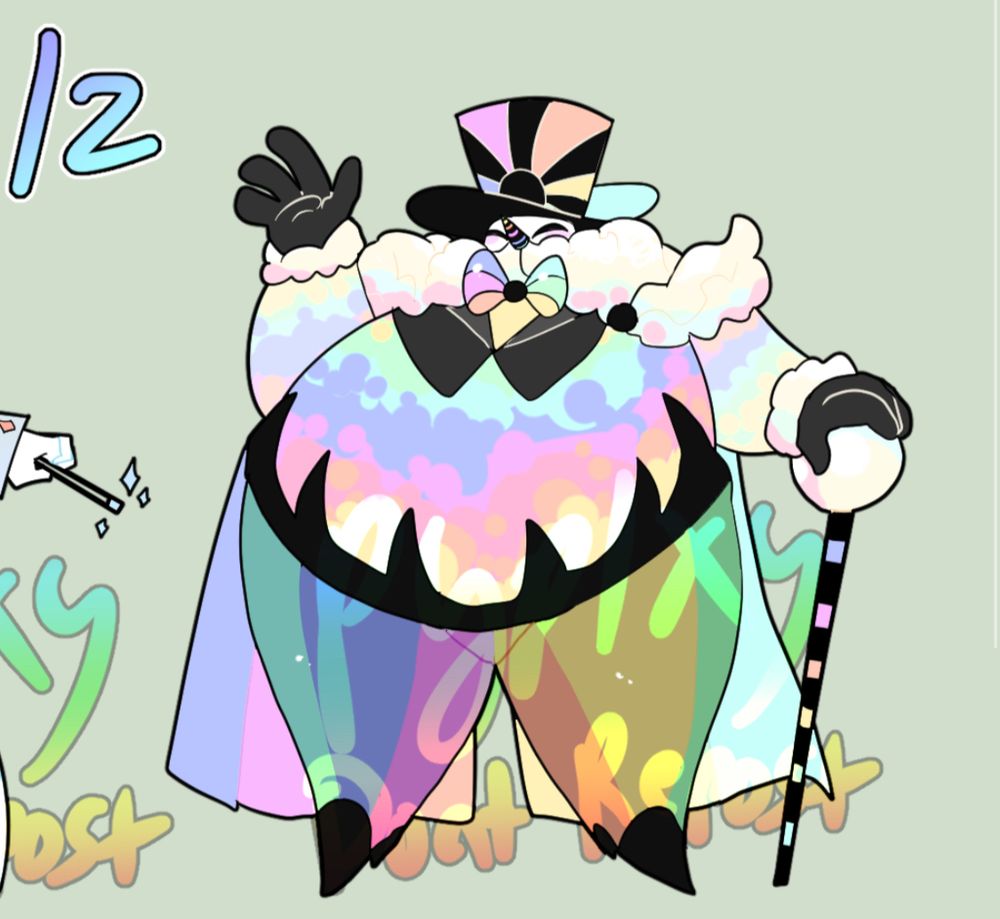 A fat jolly rainbow man. Inspired by rainbow prism like the Pink Floyd album cover. Also if you went to an amusement park based on rainbows this guy would totally greet you at the door.