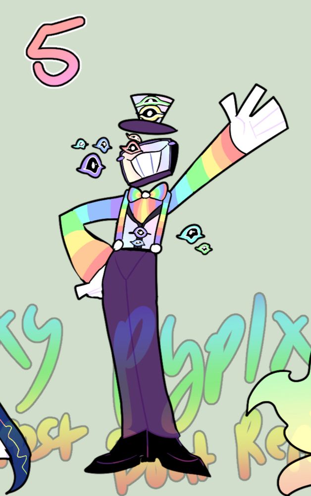 A rainbow themed tv head with multiple eyes of a variant color. He is called “Channel your Rainbow” shortened for channel in your inner rainbow. Are they a demon? A shadow monster? Who knows….