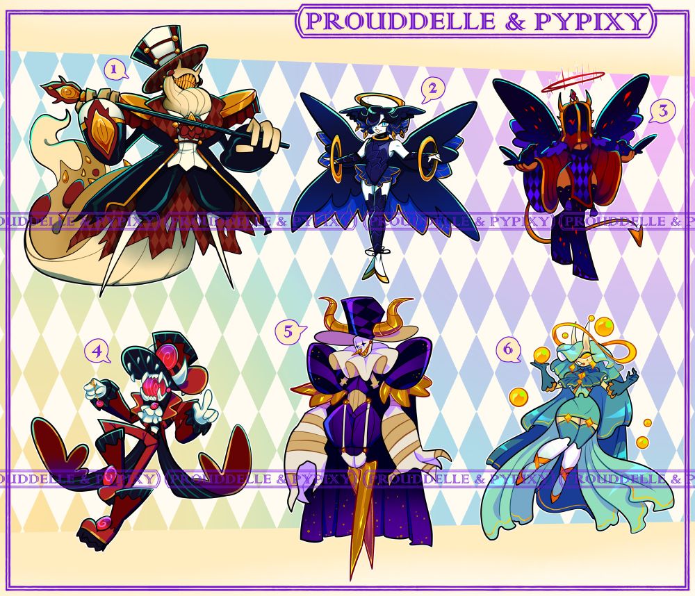 Adoptables featuring 6 designs. Lining and design by pypixy, colors and renders by monipue. All adoptables are based on roles in a circus setting. 1. Is the ring master based on a monster slug. 2. Is an acrobat angel. 3. Is an animal handler chafed themselves with bird and angle features. 4. Is a hypnotic magician with teeth for a head an an eye in the center resembling a cyclops. 5. Is a demon clown. And 6. Is another acrobat but with more aquatic theme. 