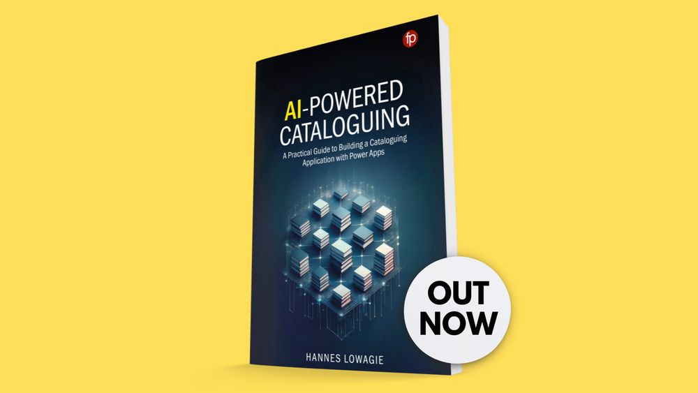 The 3D book cover of 'AI-Powered Cataloguing' on a yellow background.