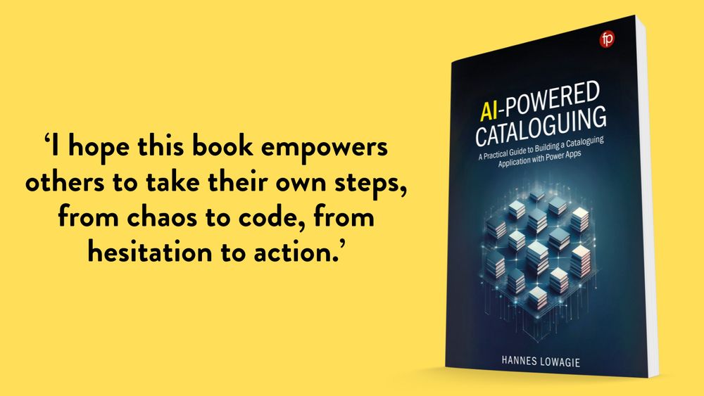 The cover of 'AI-Powered Cataloguing' by Hannes Lowagie on a yellow background with a quote from his new article.