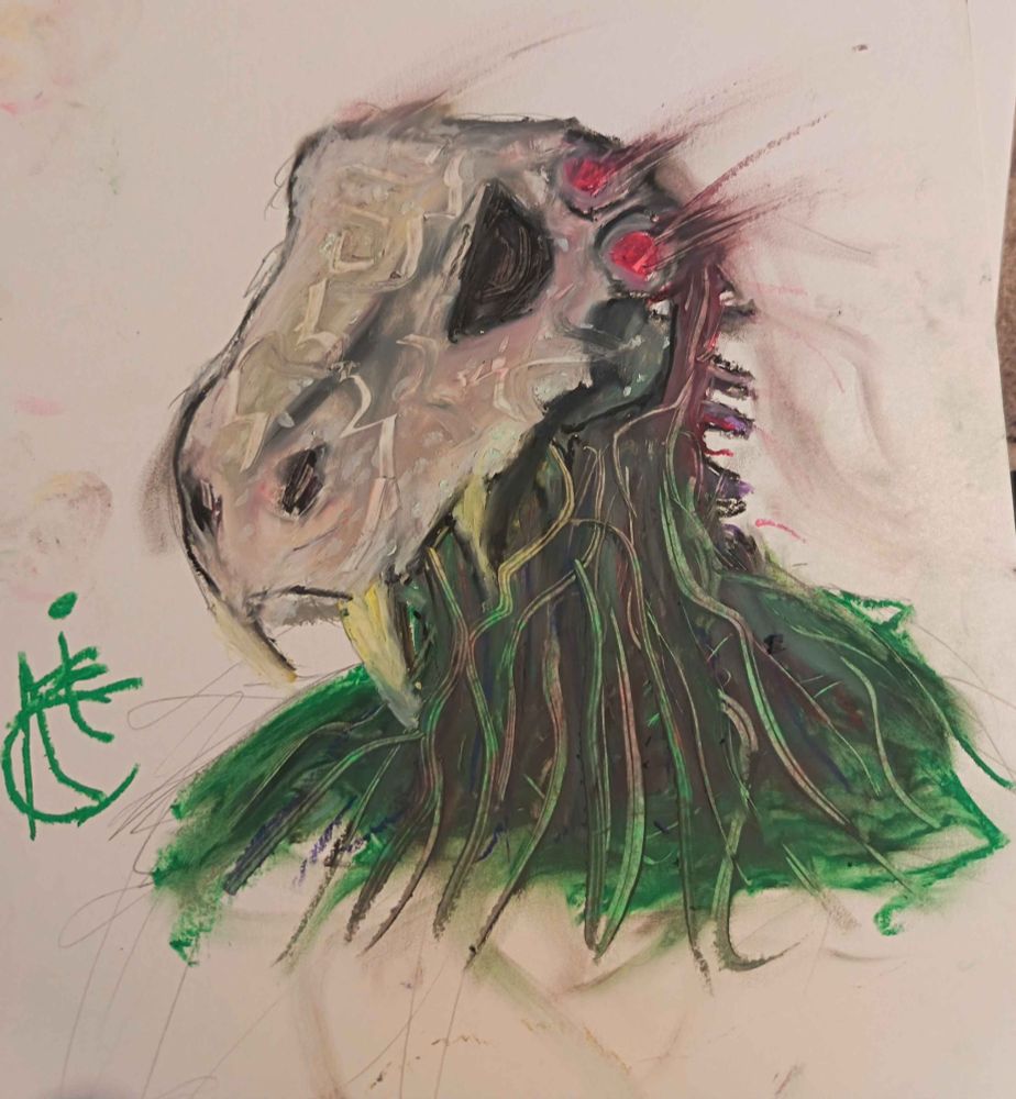 a being on traditional bristol board of a dinsoaur like skuls with a neck of tubes a lines of greens reds pinks greys stringng along and out with 2 red light tube conencters on head 