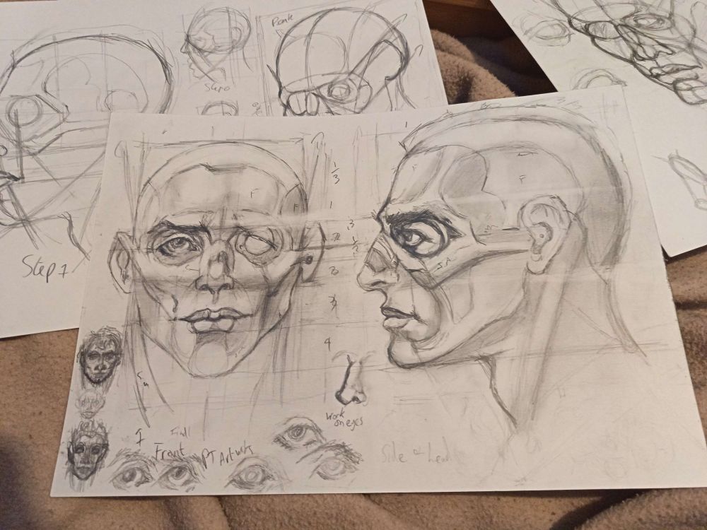 anatomy images and studies drawn from Patrick jones anatomy of style lessons vids
showing front face side of face eyes etc