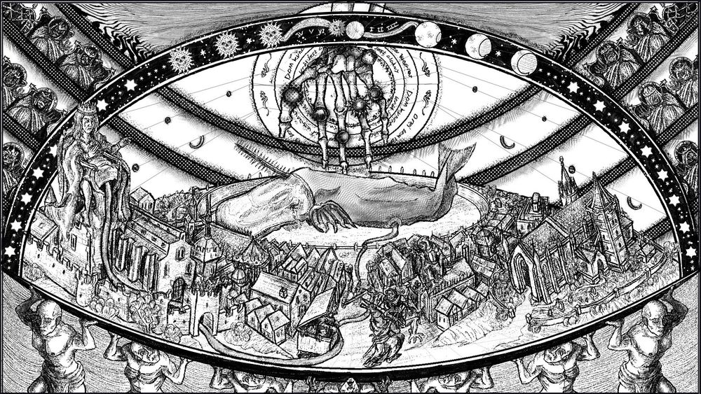 post for kickstarter of the the wicker forever king hungers showing a black and white linocut mimicked scene of the universe skeleton hand reaching down for whale as mother cries city surrounding people fighting and it been carried by people and watched by lords 