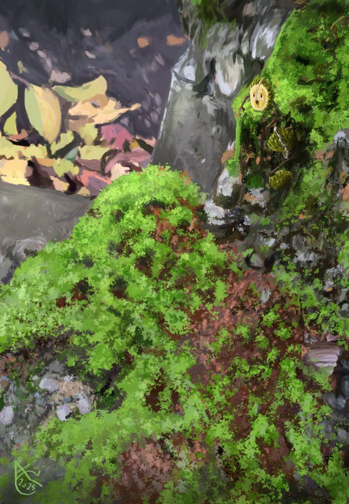 moss gathering on a stone wall steps of brown every greens and oranges  with leaves in distance piled up 
a durian leshy sits at top observing while duree helps ian climb up all durain cloloured and shaped