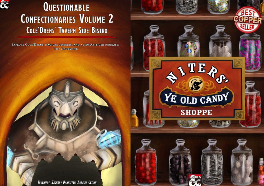 covers for questionable confectionaires vol 1 & 2 
coldren tavern side bsitro and ntiers ye old candy shoppe

on left is robot bakign cake in urance
right is a list of candies in jars