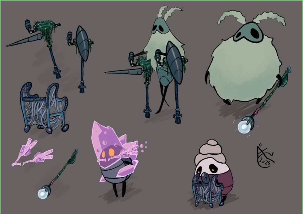Alt text: a crystal npc with crystal o2 tubing a greedy husk form game wiht a zimmer frame of blue and inlay silver and 2 moss guys a knight and guardian the guardian is blind with a sight cane looking like the lamppost and the knight using platform crutches.