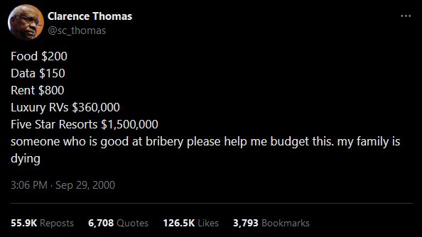 The dril candle tweet, edited to show maura's joke of the tweet coming from Clarence Thomas, with Luxury RVs costing 360,000 dollars and five star resorts costing 1,500,000 dollars. Clarence closes the tweet asking "someone who is good at bribery please help me budget this. my family is dying"