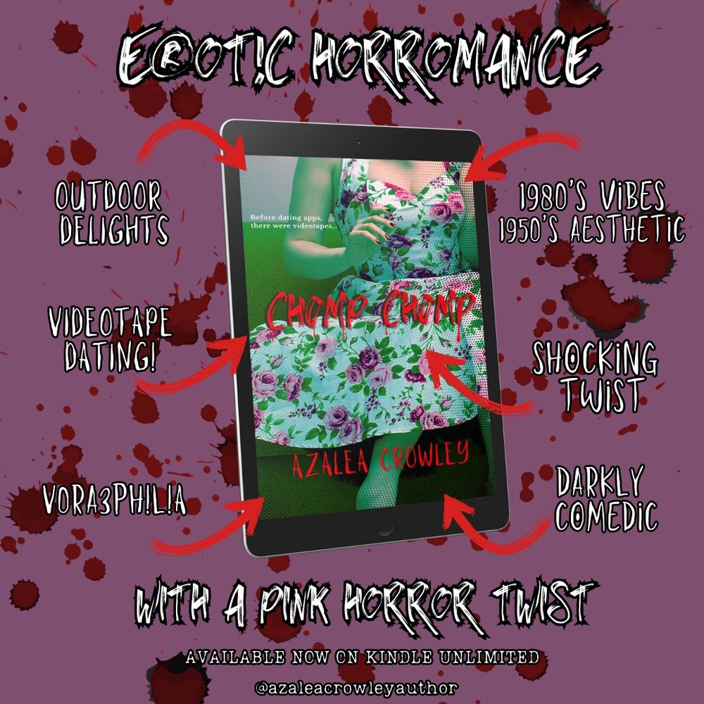 The cover of Chomp Chomp by Azaela Crowley shows a woman in a green hue wearing a 1950s style dress while seated on the sofa. A trope maps surrounds the bookcover that has text that reads: erotic horromance with a pink horror twist available in KU. Darkly comedic, shocking twist, voraephilia, vhs dating, outdoor delights, 1980s setting with 1950s vibes