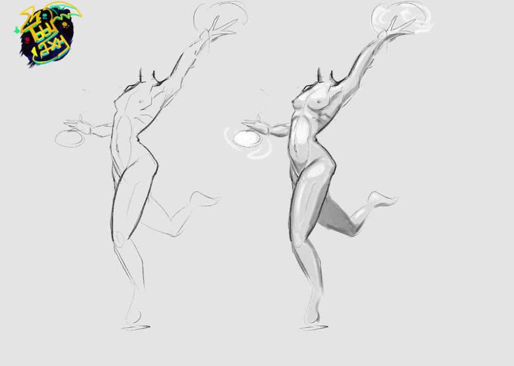 Gesture study of a nude woman with one arm and one leg raised