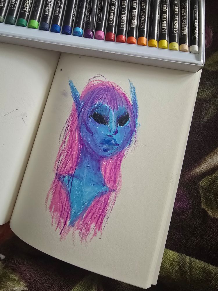 Quick sketch of a blue alien with pink done with oul pastels