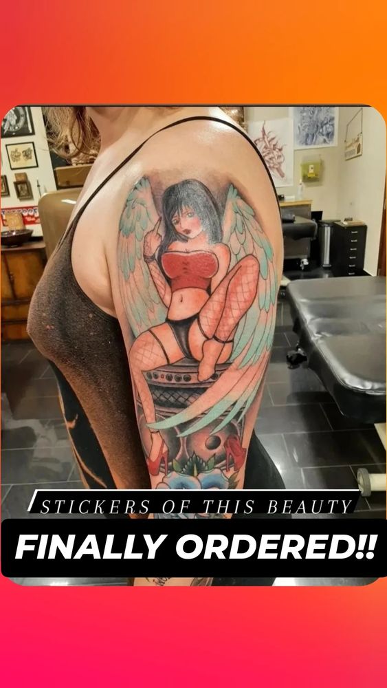 Announcement for new stickers of pinup-style angel sitting on an amp tattoo