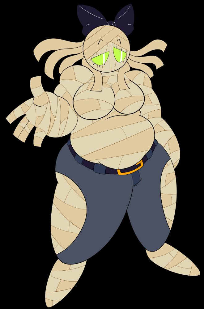 A drawing of my unnamed chubby mummy girl OC! Covered in bandages and glowing green eyes she also has a pair of jeans with the side opens for a fun design! as well as loose bandages to mimic hair flow and a bow atop her head!