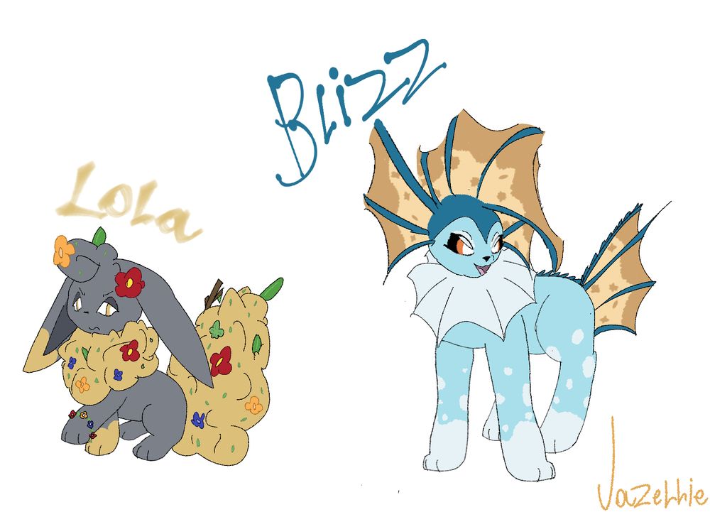 art of my pokemon ocs, lola and blizz. lola is the eevee on the left, she is sitting and has her right paw held up while looking to the right with an annoyed expression. blizz is the vaporeon on the right, he has a determined stance and expression. 