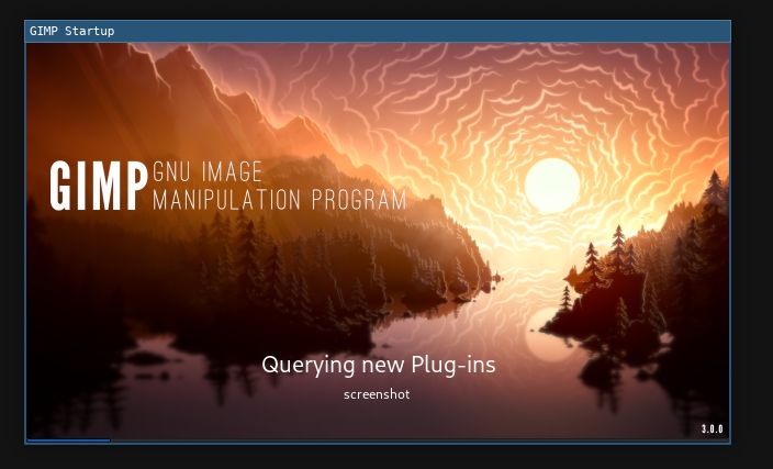 Neuer GIMP Splash-Screen. Ein in Rottönen stilisiertes Tal mit (von Außen nach Innen) Bergen, Tannen und Fluss/See. Eine Sonne mit Wolken über/im Tal.