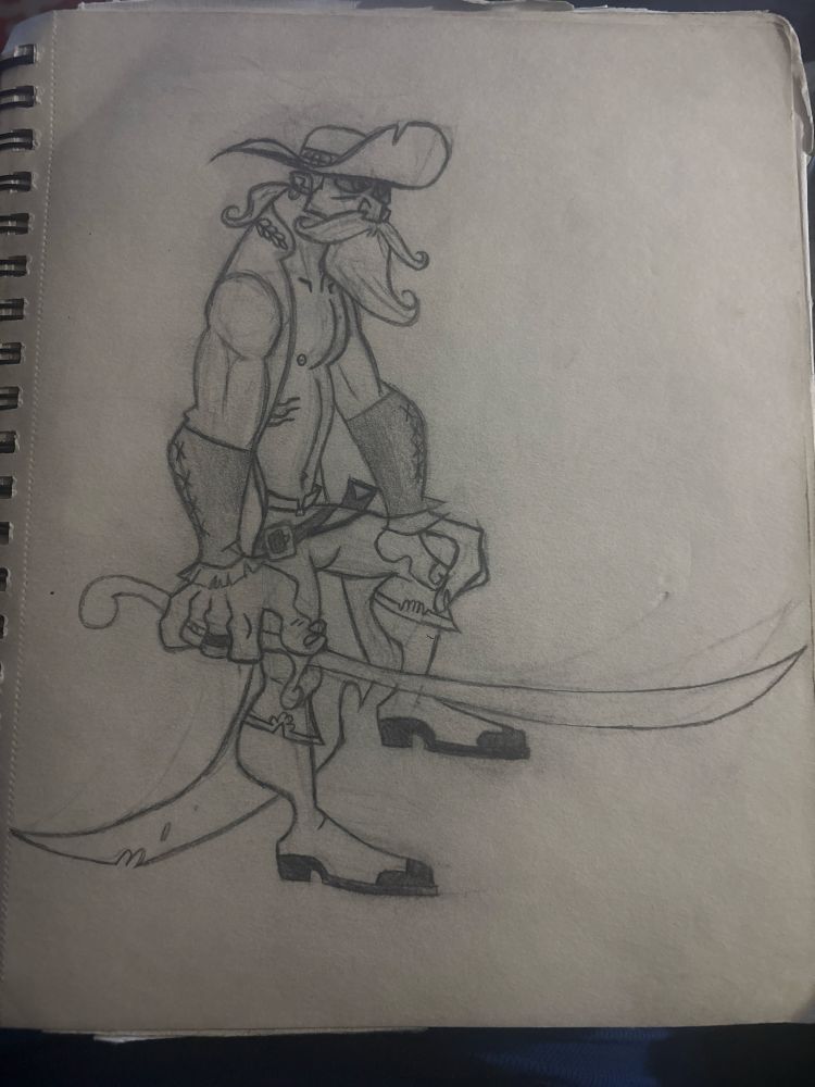 A pirate I believe. I have a thing for bearded men so in high-school, I let out my sexual frustrations through drawings/sketches similar to this one. I honestly think I should give this sworded man a happy trail or some chest hair because why not haha. 
