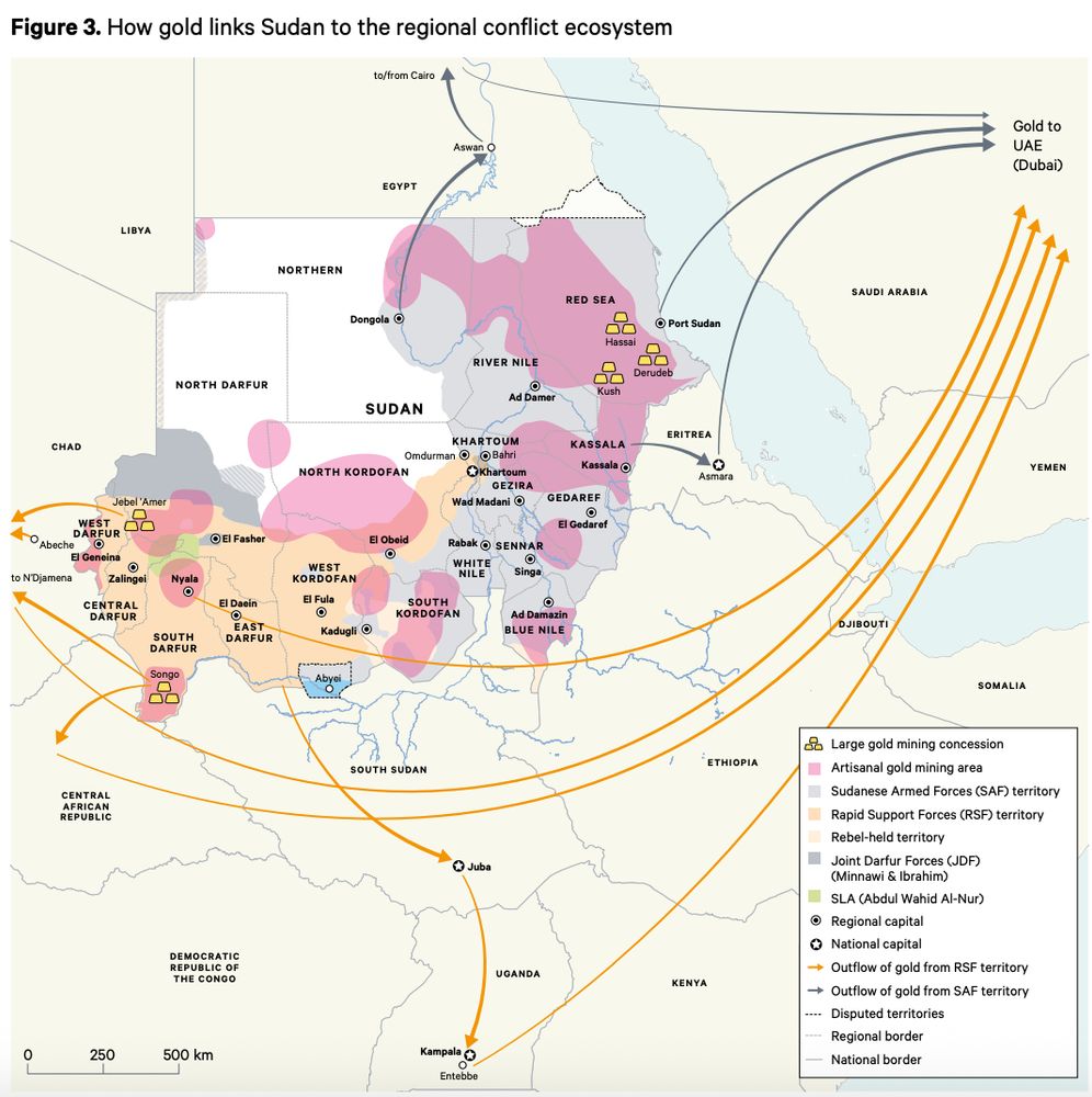 Map of gold exports from RSF and SAF controlled areas out of the country (primarily to the UAE).