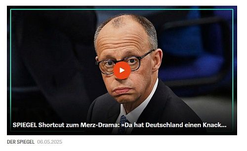 Screenshot eines Videovorschaubildes mit Friedrich Merz, dem der rote runde Startbutton auf der Nase sitzt