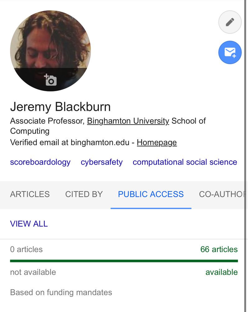 A screenshot of a Google scholar profile showing 66 articles available for public access out of 66 articles that are required to be public access via funding mandates.