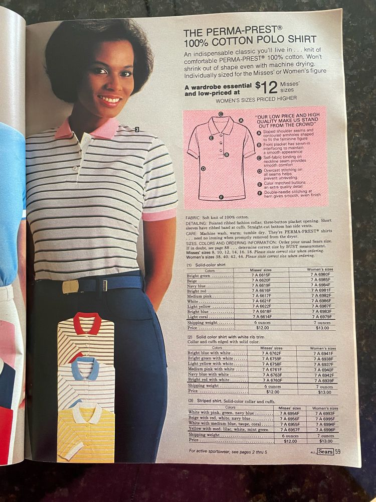 A model wears a white  polo shirt with thin pink and blue stripes. The collar is pink.