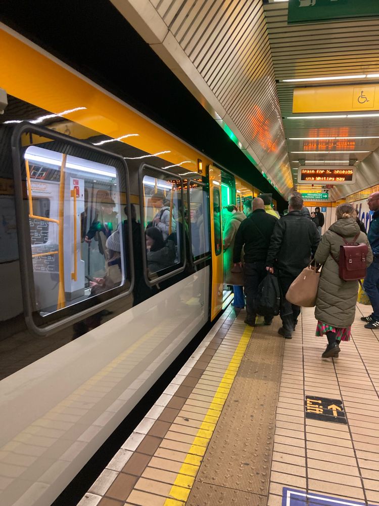 Picture of new metro trains at the platform of monument station on Tyne and Wear metro 