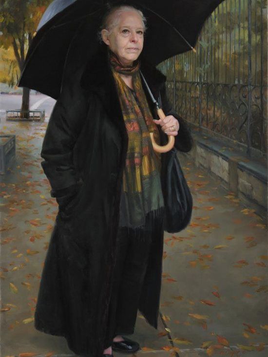 In this painting an older woman, dressed in a contemporary black raincoat, black pants & a colorful scarf, pauses while walking down a leaf-strewn sidewalk. A large black umbrella rests on her left shoulder. Her somber, yet determined face directly confronts the viewer & appears to shine brightly from the umbrella’s dark shelter. 
     “Defiance of Erebus,” (Portrait of Jennifer Merin) 2011 by Ellen Cooper (American, born 1957)