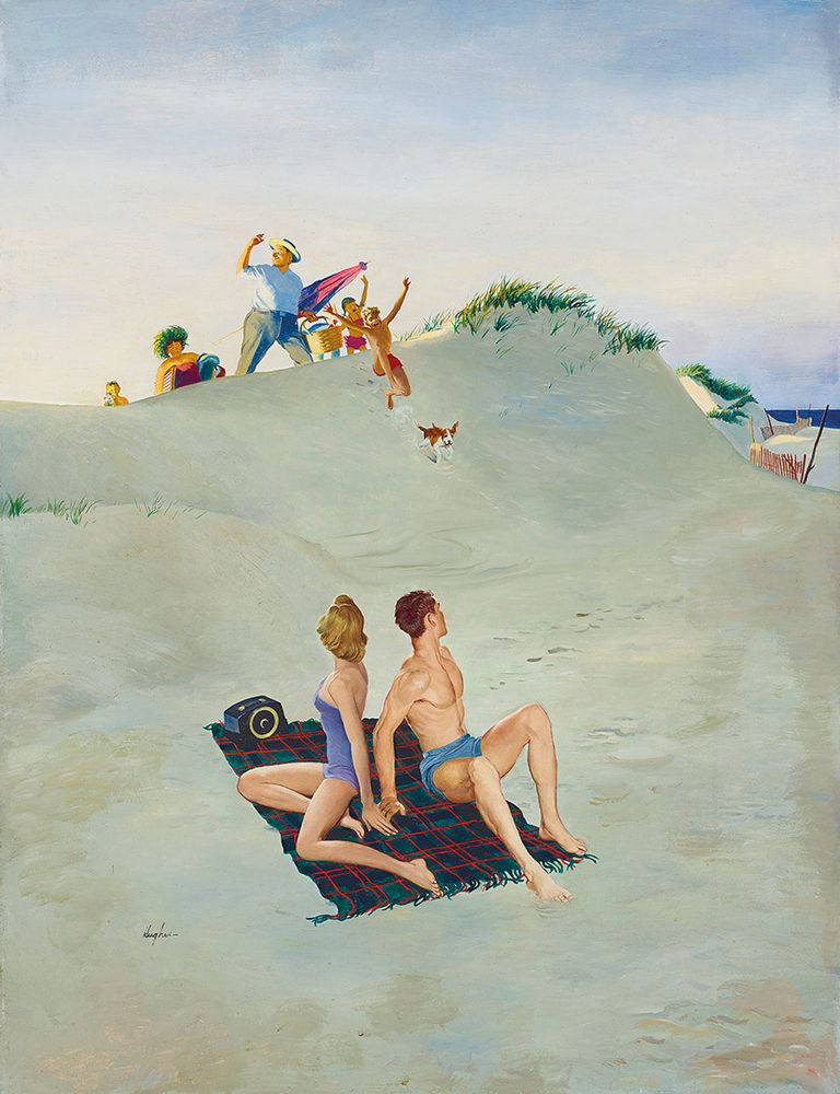 “Between 1948 until 1962, when the Post began to use more photographs on their covers, George Hughes painted 112 covers. Hughes’ work for the Saturday Evening Post became immediately recognizable and very popular due to his ability to capture typical America with humorous family situations in brilliant colors and accurate settings. A perfect example of that humor is this scene of young summer lover's quiet day on the beach being abruptly interrupted by the arrival of a raucous family coming over the dunes.” – AmericanIllustration.org