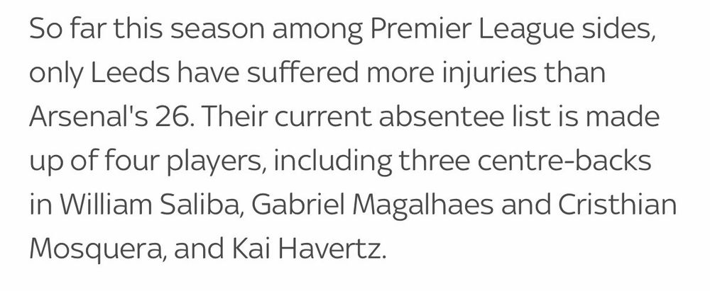 So far this season among Premier League sides only Leeds have suffered more injuries than Arsenal’s 26.