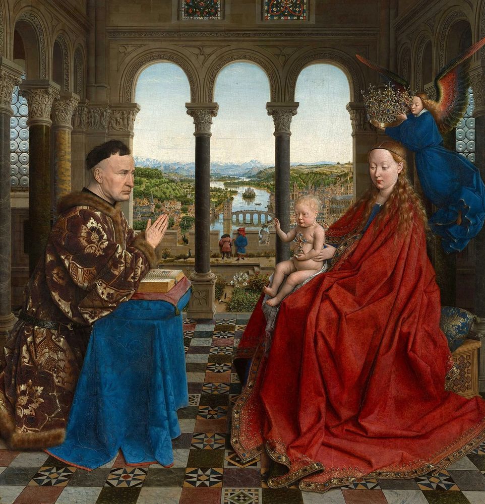 Madonna and Chancellor Rolin, by Jan van Eyck. Oil on panel; c. 1435; 66cm x 62cm; Musée du Louvre, Paris (they’ve managed not to have it stolen yet).