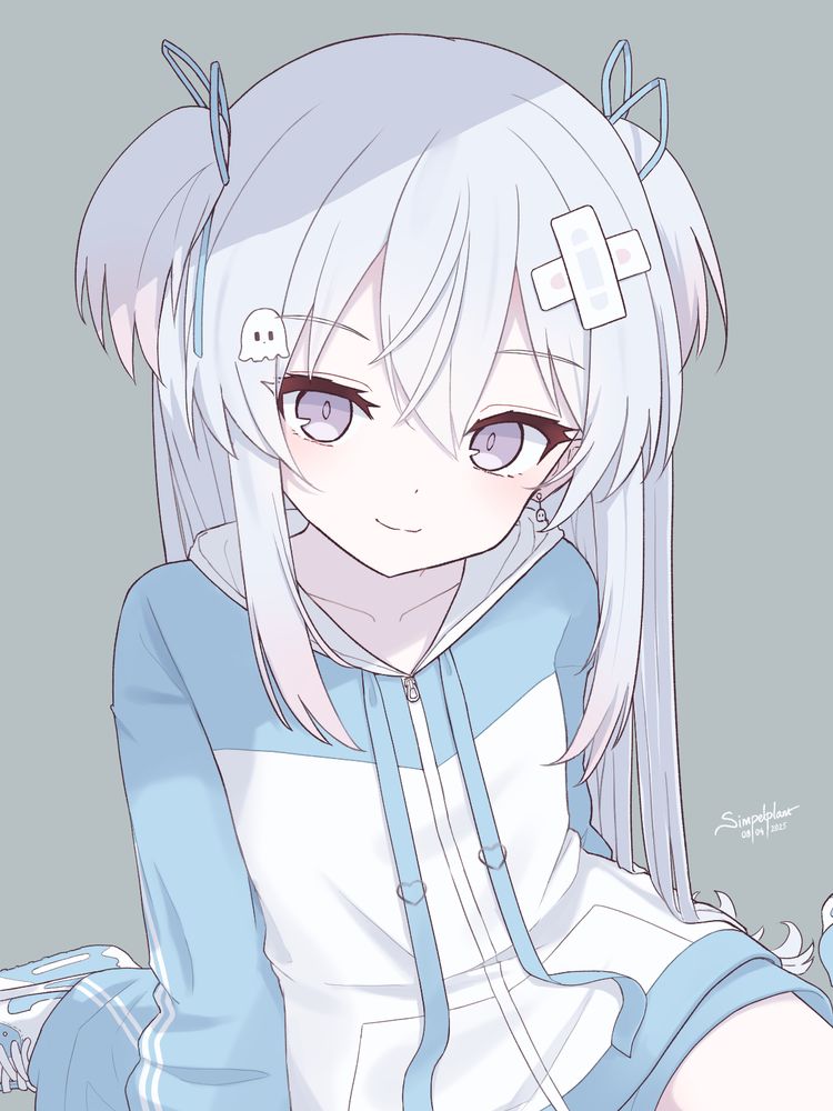 Character: Yumemiru Yurei (vtuber), sitting on the ground wearing a fashion called Tenshi Kaiwai, consisting of a muted pastel-coloured blue jersey with baggy socks on top of sneakers.