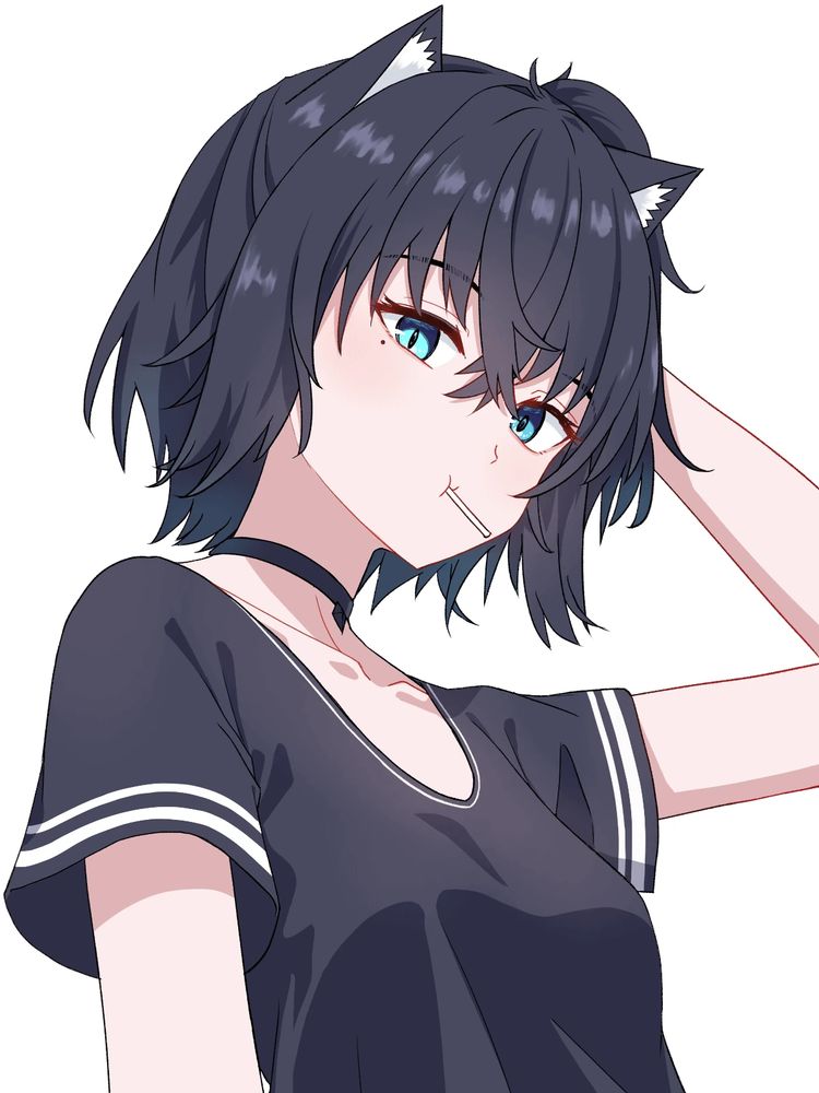 Character: KuroDZ (vtuber)
A tomboy blue-eyes cat girl in predominantly black color scheme. Wearing a casual T-shirt with a simple choker and a candy sticking in her mouth.