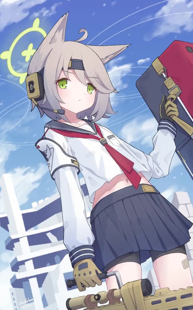 Otogi from Blue Archive carrying her sniper riffle in the right hand and its case strap in the left hand. She is standing behind the ruins