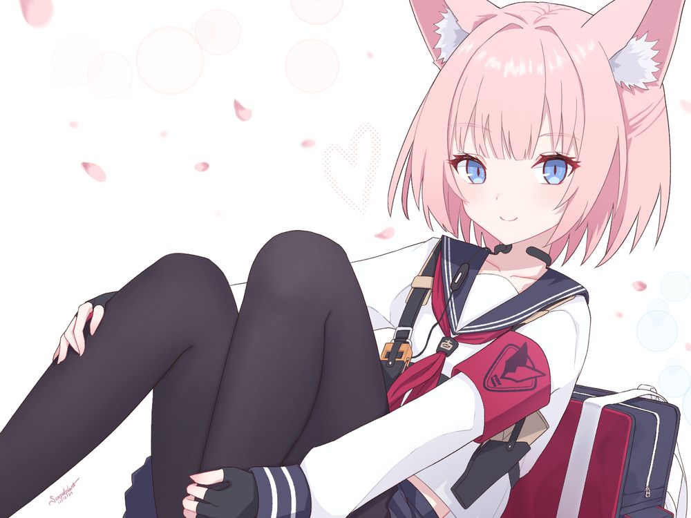 Niko from Blue Archive sitting leaning backwards while holding her legs. There are flower petals falling in the background