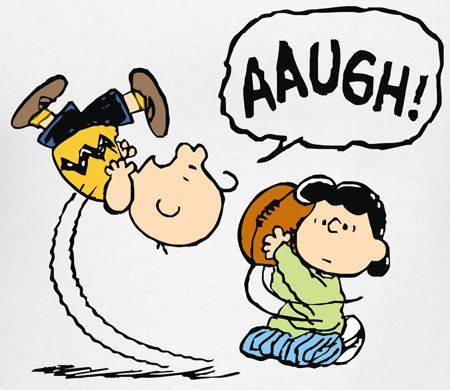 Charles Schulz comic of Lucy pulling the football away as Charlie Brown goes to kick it
