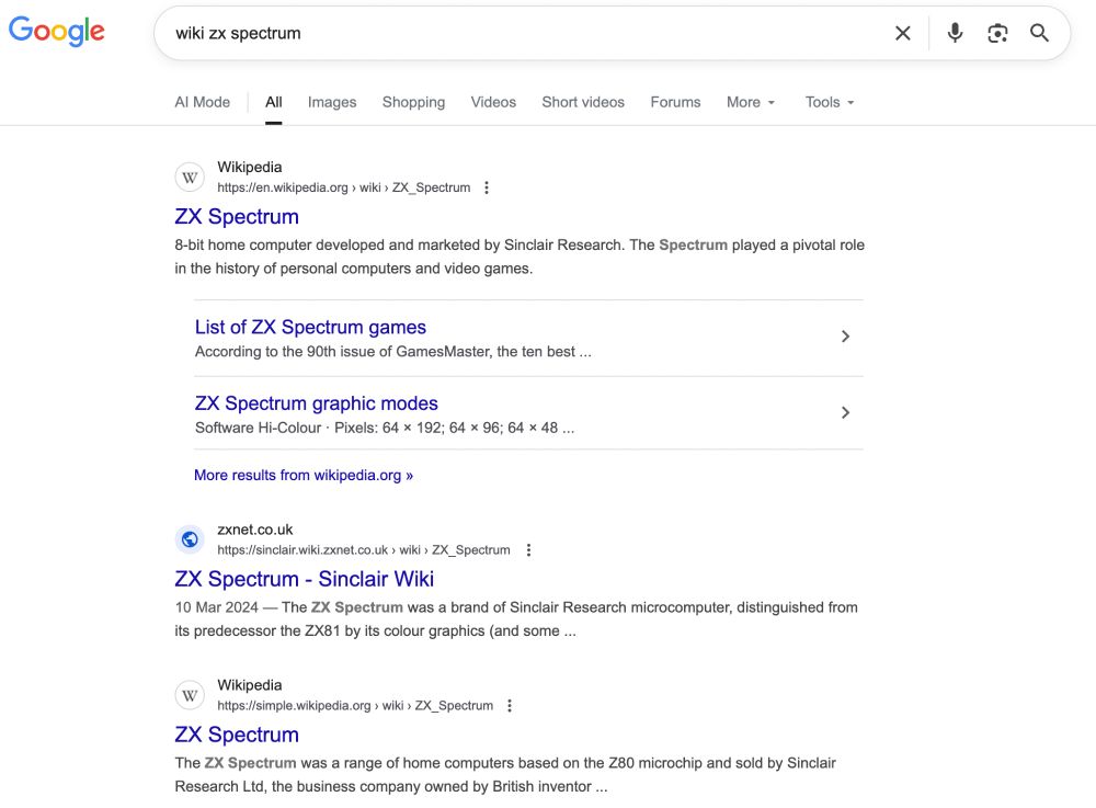 Results of a Google search for "wiki zx spectrum". The first and third results are to the Wikipedia page for ZX Spectrum, the second result is to ZX Spectrum at Sinclair Wiki