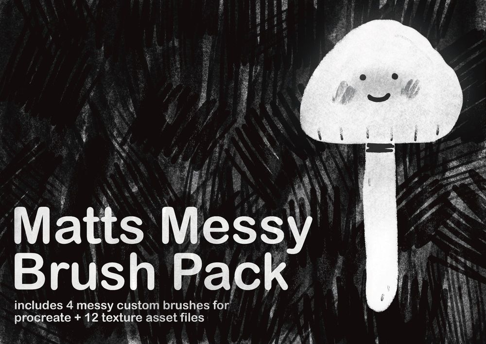 Product cover that says "Matts Messy Brush Pack, includes 4 messy custom brushes for procreate + 12 texture asset files" accompanied by a messy textured line background in dark grey/black with a long mushroom character illustration using these my digital brushes to accompany the dark background, the link to download and play with these brushes for free can be found in this thread or via the link in my bio :)) #procreate #procreatebrushes #digitalbushes #brushes #digitalart #artassets #arttools #drawing #illustration
