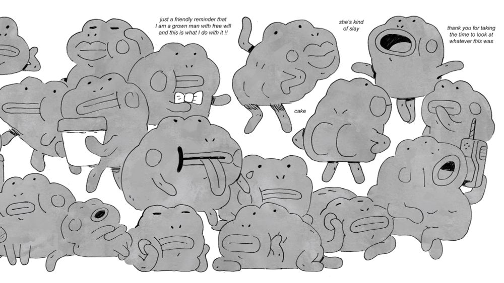 frog character designs - they’re doing things, gossiping on phones, carrying a large iced coffee, lounging and showing off their big tush !!