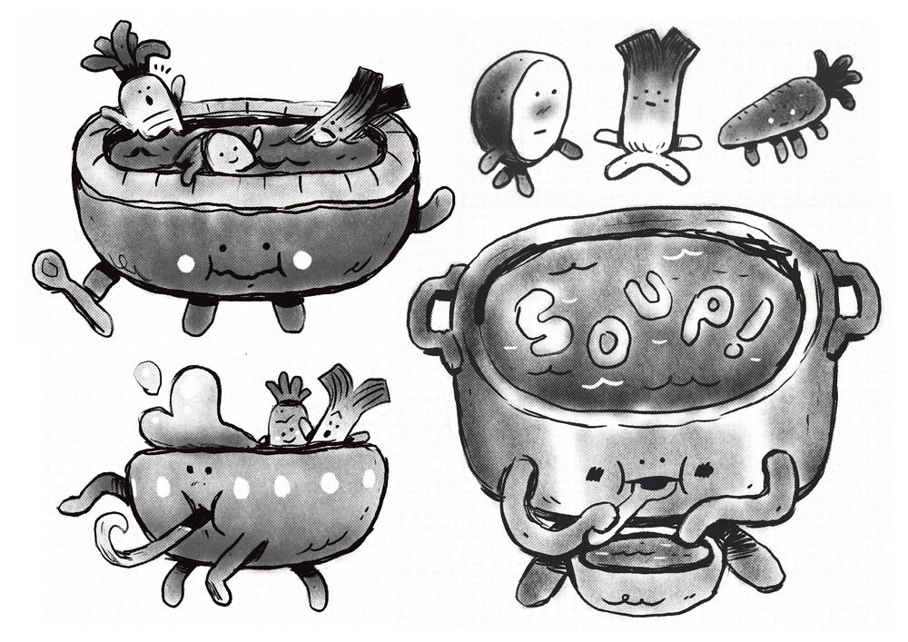 soup tattoo concept sketches - some vegetables are having a soup pool party inside of these characters heads, rough inky sketches with light pencil rendering shadow and details.