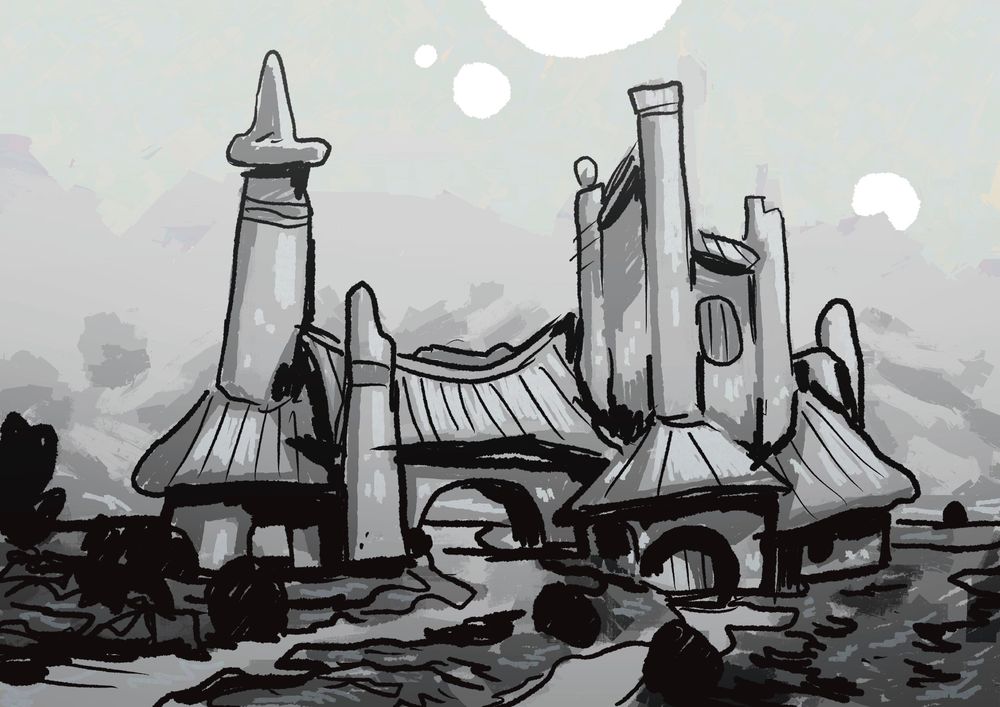 study drawing of another's environment painting, the original artist is Gao Xuyang, this black and white lineart study to strengthen and explore ways of thumbnailing 