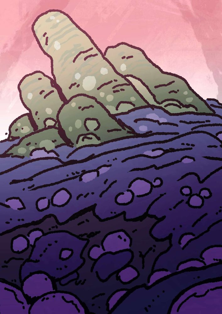 an almost alien landscape, green pillars of rock breaking through a field of lavender coloured flora - drawn loose and rugged with a wobbly brush in procreate