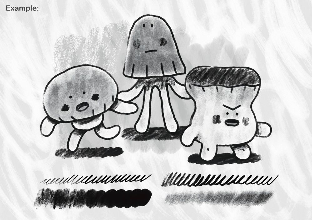 a simple example of these brushes in action - 3 different mushroom characters drawn loosely using all of the included brushes in this messy brush pack! there's a lot of textural grit and noise as the grain of the brushes are experimental texture assets applied to the brush stamps - technical art stuff that's less exciting but all of their designs make for really fun analog mimicry and has a traditional feel :)